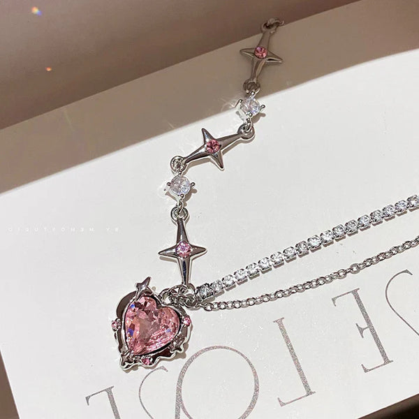 Pink Heart Sparkle Chain Silver - Necklace