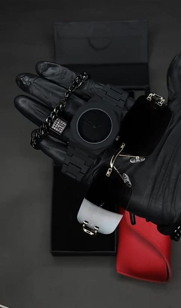 🔥 Premium Blackout Combo – Stylish Watch, Bracelet & Shades in One Set 🔥
